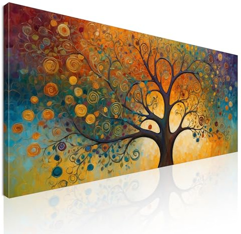 CheQuadro! Quadro xxl soggiorno, camera da letto, quadro largo, Albero della Vita con Motivi Astratti e Colori Vivaci, su tela, intelaiato pronto da appendere bow2-150x70 cm