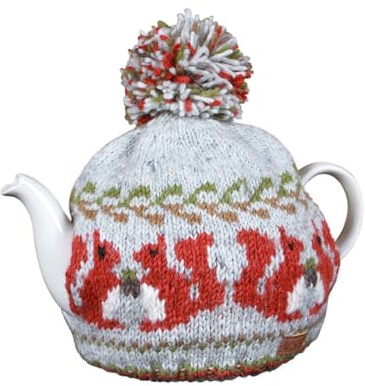 Pachamama Handknitted Medium 4-6 Cup 1.2L Wool Tea Cosy Teapot Cover - Red Squirrel Pattern Insulated Handmade Fair Trade Multicoloured