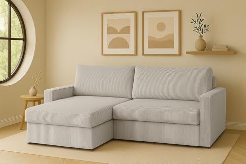 Kaiser Möbel - Ecksofa mit Schlaffunktion und Bettkasten, Wohnlandschaft L Form, Schlafsofa, Bequemes Couch mit Ottomane für Wohnzimmer, Cordstoff, Klappsofa, Lounge-Set L-Form, LUBEKA, Beige, Links