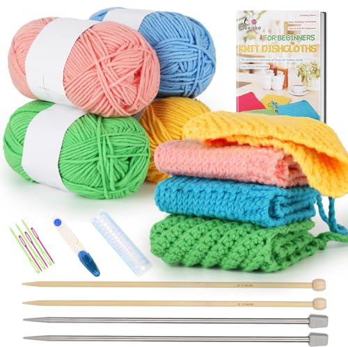 Aeelike Kit per lavoro a maglia per principianti, kit completo all'uncinetto per principianti, facile da usare, con ferri da maglia, filo di cotone, panno per imparare a lavorare a maglia con
