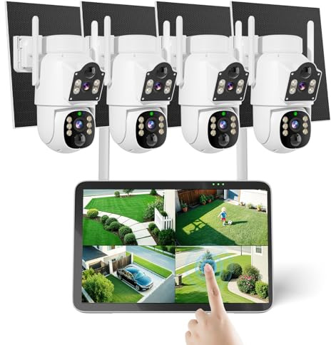 Hiseeu Solar Security Cameras Wireless Outdoor, Auto Tracking Dual-Lens Wireless Cameras for Home Security with 10 Touchscreen, 2.4 & 5GHz WiFi Pro 4MP 4 Cam-Kit, 2 Way Audio, 1TB HDD, 0 Monthly Fee