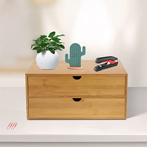 WYmaioyis Schreibtisch Organizer Schubladen, 2 Schubladen Bambus Büro Organizer Schubladenbox Stapelbar Aufbewahrungsbox für Zimmer, Büro, Badezimmer, Natur, 33x19x16cm