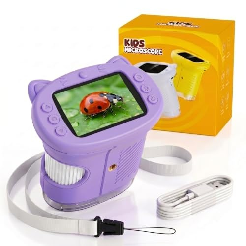 OAEBLLE Microscope pour Enfants, Numérique 1000X avec Écran IPS 2,4″, 8 LED, Rechargeable par USB, Jouet Scientifique & Éducatif, Cadeau Noël et Anniversaire, 3–12 Ans