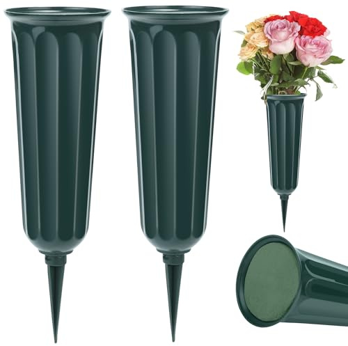 Hahood 2 Stück Grabvase Mit Erdspieß & Blumensteckschaum, Grabvasen Für Grabstätten, Friedhofsvase, Garten- Und Rasendekoration (Grün)
