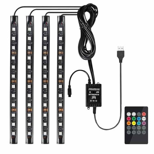 Favoto LED Innenbeleuchtung Auto 4x12 – USB Auto Innenraumbeleuchtung mit IR Fernbedienung RGB Atmosphärenlicht Lichtleiste für Innenraum
