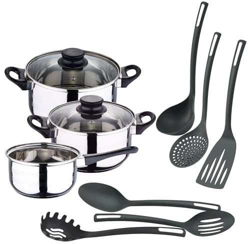 Well Home Juego de Batería de cocina de 5Pc en acero inoxidable + 6 Utensilios básicos de cocina en PBT negro