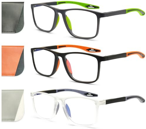Kerecsen 3 Pack Reading Glasses for Men – Sporty Style Blue Light Blocking Square Frames Lightweight Comfortable Readers