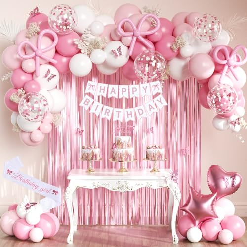 Geburtstagsdeko, Rosa mit Schleifen Deko Geburtstag, Happy Birthday Banner, Luftballons, Schärpe, Vorhang - Premium Wiederverwendbare Geburtstagsdeko Party Supplies