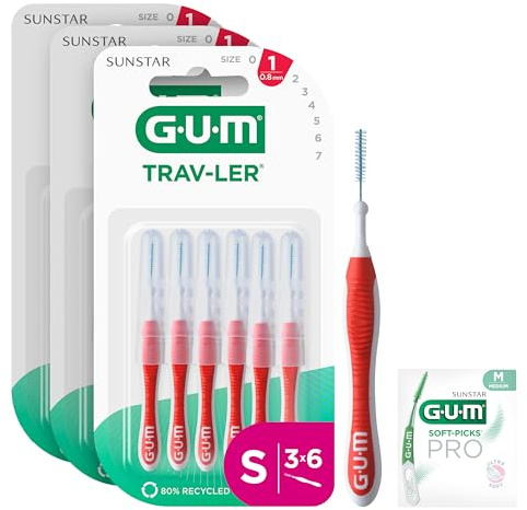 GUM TRAV-LER | Interdentalbürsten | für gründliche Reinigung zwischen den Zähnen | flexibler Griff | Zahnreinigung und Plaque Entfernung | 0.8mm, ISO 1 | Größe S | 3x6 Packung (mit einer Bonus-Probe)