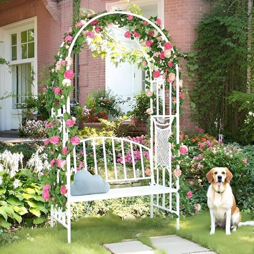 Arche de jardin blanche avec banc – Treillis en métal pour plantes grimpantes, tonnelle de mariage, décoration extérieure, support de plantes de balcon, décoration de jardin, décoration de mariage