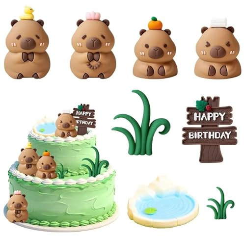 SKIPTHYBER Decoración de Pastel Capybara 8 Piezas Figuras de Animales Capybara para Cumpleaños Decoración de Pastel Happy Birthday Accesorios para Fiestas