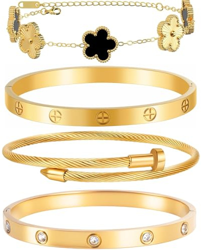 Ntutrxk Gold Bracelets for Women-4Sets,18K Gold Plated Bracelet,Stainless Steel Bangle Bracelets Non Tarnish, Gold Bracelet Set Trendy Jewelry,Christmas Valentines Birthday Gifts for Girlfriend-Black