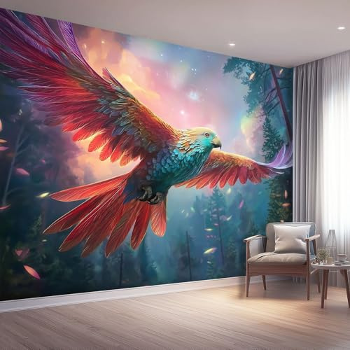 Fantasía Papel Pintado Salon 400 x 280 cm, Azul pájaros selva Fotomurales Tejido No Tejido Papel Tapiz Fotográfico Decorativos Murales Dormitorio Oficina