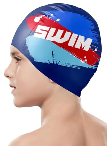 Swim Cap Kids, Durable Waterproof Swimming Cap for Girls Boys Teens Toddler Aged 3-15, Comfortable Fit Kids Swim Cap for Long Hair and Short Hair (Black graffiti-A)