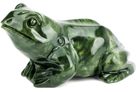 gemshan Jade Frog Statue, Natural Jade Hand Carved Animal Sculpture, Moody Frog Grumpy Expressive Figurine for Desk Shelf Home Decor, Feng Shui Lucky Gift
