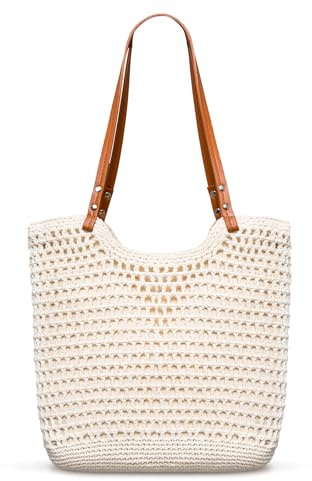Toptime Gehäkelt Strandtasche Damen, Gewebte Strand Tote Bag mit Reißverschluss & Ledergriff, Leichte Boho Häkeltaschen mit Auslaufdichter Ausstattung, Beige Sommer Handtasche Damen für Reisen Urlaub