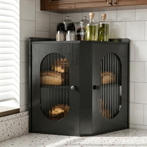 Stylstoreazy Corner Bread Bin for Kitchen,Two Tier Bamboo Bread Box,Bread Storage Containers for Kitchen Countertop with Stiped Window,Black
