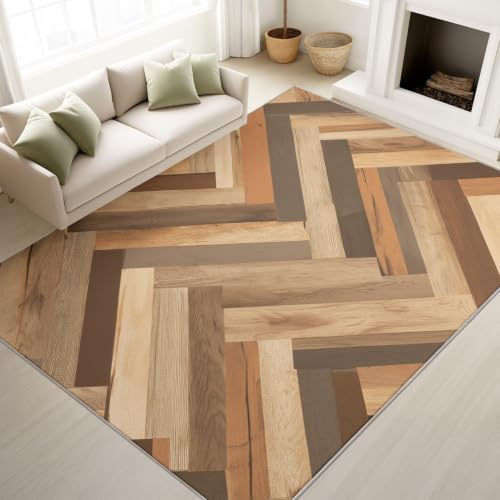 Alfombra de madera geométrica de 120 x 160 cm, color marrón, para salón, dormitorio, decoración del hogar, alfombra de retazos de grano de madera de espiga, ultrasuave, antideslizante, para interiores
