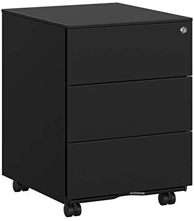 SONGMICS Schubladenschrank, Rollcontainer, mobiler Aktenschrank, Metallschrank, Druckertisch, abschließbar, 3 Schubladen, vormontiert, Büro, Homeoffice, 45 x 39 x 54 cm, tintenschwarz OFC63BK