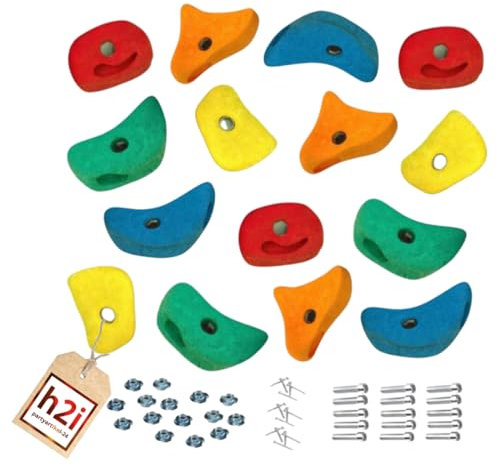 h2i Klettergriffe Kinder & Erwachsene | Klettersteine inkl. Befestigungsmaterial | Bunte Bouldergriffe für Spielturm & Kletterwand | Kletterwand Griffe für Indoor & Outdoor | 15 Stück (mittel)