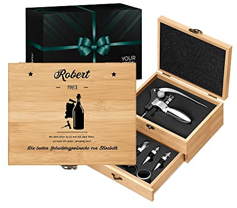 Maverton Weinöffner-Set personalisiert Weinset Sommelier Set - Geschenkbox Holzbox + 8er Weinzubehörset - aus Bambus - Braun - Geschenk zum Geburtstag für Männer - Geburtstagswünsche