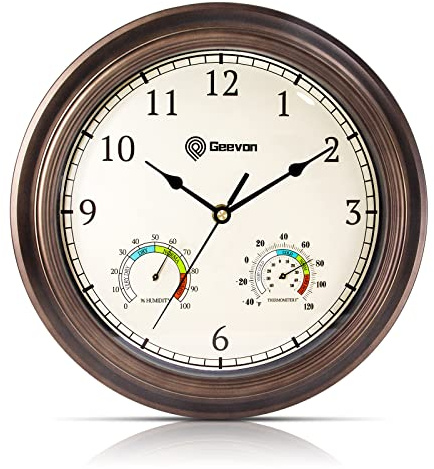 Geevon 12 Vintage Wall Clock Non Ticking with Hygrometer and Thermometer Combo,Battery Operated Quartz Decorative Wall Clocks for Home,Living Room,Office,Classroom,Kitchen,Bedroom Decor