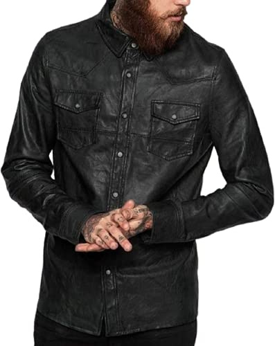 HiFacon Camicia da uomo in vera pelle da cowboy Western Trucker Giacca estiva Burdungy, Nero - Camicia da uomo in pelle, S