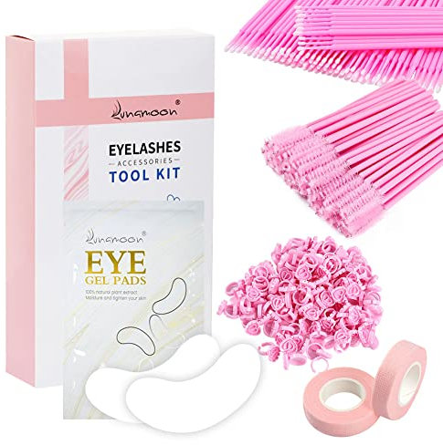 Lunamoon 50 Augenpads + 100 Mikrobürsten + 100 Kleberringe + 50 Bürsten + 2 Wimpernband - Zubehör Set (Pink)