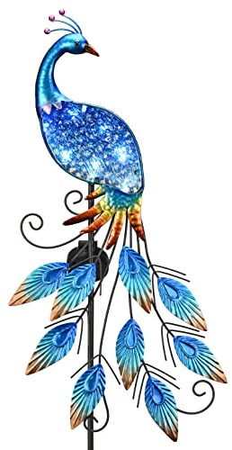 TERESA'S COLLECTIONS Gartendeko für Draußen,Pfau Gartenleuchte Metall 102cm | Solarlampe für Außen, Wasserdichte Wegeleuchte für Terrasse,Hof,Blau, Geschenk für Frauen/Mama/Papa (L)