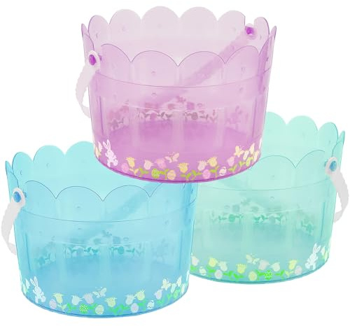 Zcaukya Easter Buckets for Egg Hunt, Set of 3 Clear Kids Easter Baskets with Handles, Empty Plastic Easter Pails for Easter Party Favors, Green, Blue, Purple