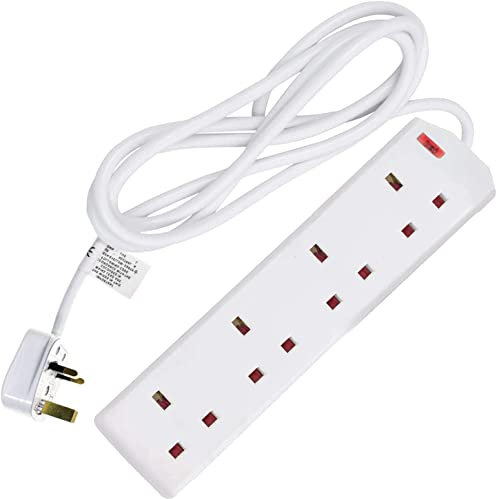 Extension Lead UK Pin Plug and Cable, 4 Gang Way 1m Power Adapter, Multi Socket Mains Strip White (1 Pack)