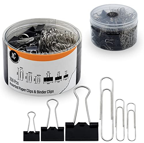 350 Pack Paper Clips and Binder Clips Set by Luxurecourt - Binders & Paperclips Assorted Sizes in Container with Compartments, Silver Paper Clips & Black Binder clips for Home, School, Office Supplies