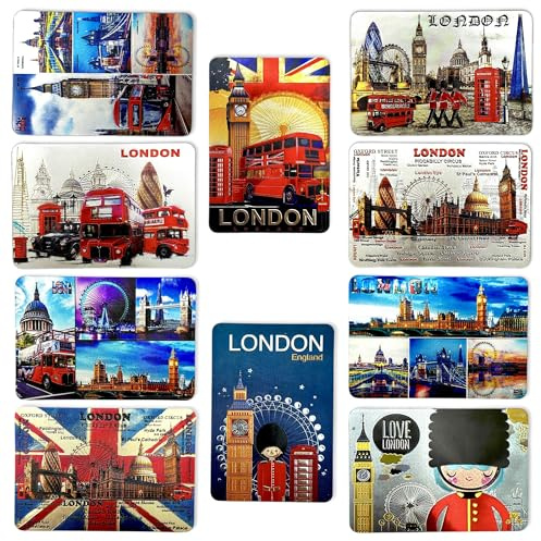 Kühlschrankmagnete mit London-Souvenir, Union Jack-Magnet, britische England-Wahrzeichen, Bild, Kühlschrankmagnet, London, ikonische, glänzende Magnete, Geschenk, 10 Stück