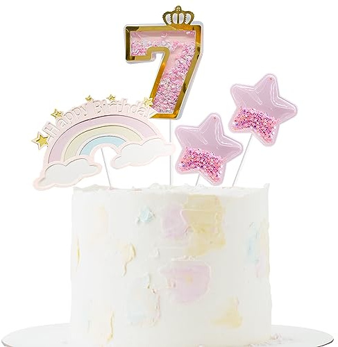 Sotpot 7th Birthday Cake Toppers Rainbow Little Stars 4 pack Pink Cake Decorations for Birthday Party Wedding Anniversary Baby Shower Supplies