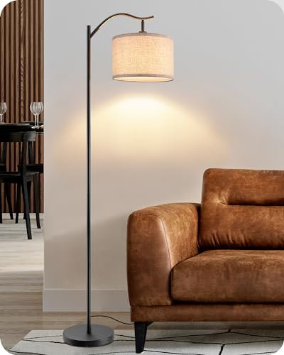 EDISHINE Lampada da Terra, Paralume ad Angolo Orientabile in Lino, Lampadina Inclusa, Base E27, Interruttore a Pedale, Lampada da Pavimento per Camera da Letto, Soggiorno, Ufficio, Nero
