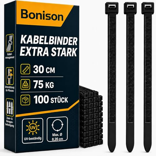 100 Stück Kabelbinder Schwarz 300mm x 7,6mm – 75KG Zugfestigkeit, UV-beständig & Wetterfest, Extra starke Kabelbinder für Garten Werkstatt Kabelmanagement & Industrie
