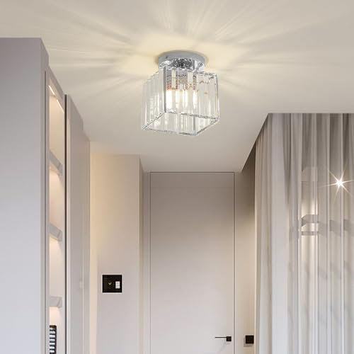 Sxtiger Plafonnier En Cristal Moderne, Mini Plafonnier En Cristal Argenté E27, Lustre Carré En Cristal, Pour Couloir Salon Chambre Cuisine Entrée Éclairage (Argent)