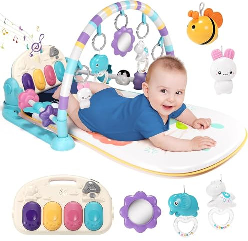 Gimnasio De Juegos Para Bebe con Piano, Alfombra de Gateo con Luces y Sonidos, Manta de Juego con Arco de Juego y 5 Juguetes Extraíbles para Bebés, Alfombrilla de Fitness Kick Piano para 0-36 Meses