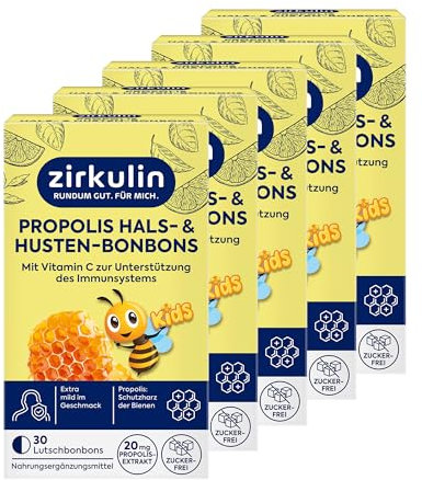 Zirkulin Propolis Hals- & Husten-Bonbons Kids (5x 30 Stk.) – 20mg Propolis pro Bonbon - mit wertvollem Vitamin C – Honig Orange Aroma – wohltuende Lutschbonbons – Ohne Zucker
