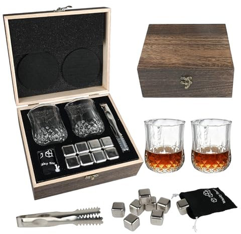 Whisky Stones Gift Set, 8 Reusable Chilling Whisky Metal Ice Cubes with 2 Glasses,Wooden Box, Great whisky Glasses Set of 2, Gift for Men, Dad, Husband, Birthdays, Whiskey Lovers