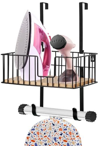 JABNOW 1Pcs Panier à Repasser en Fil métallique de Rangement et Crochets Pour la Table à Repasser en T ou en Y, Porte-manteau et Portemanteau de Blanchisserie, Noir