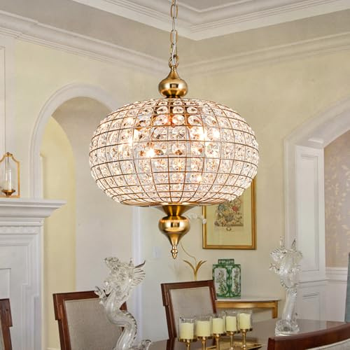 HUOKU Gold Crystal Chandelier, 16.5 Modern 4-Light Round Crystal Pendant Light Antique Globe Foyer Chandelier for Dining Room Living Room