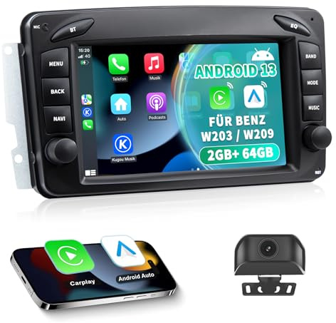 Android 13-radio för Mercedes C-klass W203/G-klass W463/CLK W209 | 7-tums IPS-pekskärm med HD-bakkamera | Trådlös CarPlay och Android Auto | 2 + 64 GB GPS, Bluetooth, Wi-Fi