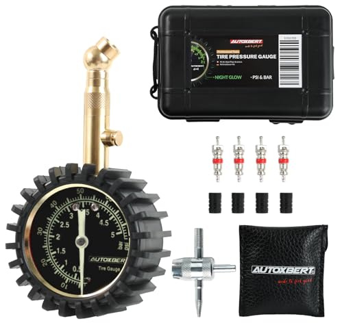 Reifendruckprüfer 75PSI 5Bar Zertifiziert ANSI B40.1 Genau Mechanischer Reifendruckmesser mit 4-in-1-Werkzeug, mehrere Ventileinsätze & Ventilkappen für Fahrräder Motorräder Autos SUVs LKWs