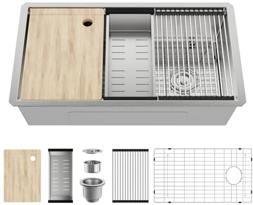 MAYESAR 33 Inch Kitchen Sinks Undermount - 33 x 19 Stainless Steel Undermount Workstation 16 Gauge Single Bowl Deep Under Counter Kitchen Sink Basin
