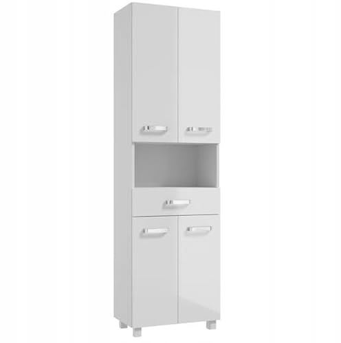.Deftrans - Armario Alto para Cuarto de baño de 170 x 50 cm, Color Blanco Brillante, Armario de baño Estrecho de pie con 5 estantes y cajón, Moderno Armario Alto para baños pequeños
