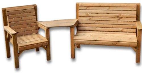 Wooden Garden Furniture Set – 1 Bench, 1 Chair & Removable Tray – Solid Redwood Outdoor Patio Seating, Fully Assembled, Durable Weather-Resistant Design
