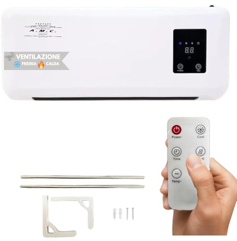 A.M.C. Stufa Elettrica e Ventilazione da Parete 2000W - Silenzioso con Display LED, Telecomando, Compatta Ideale per Piccoli Ambienti