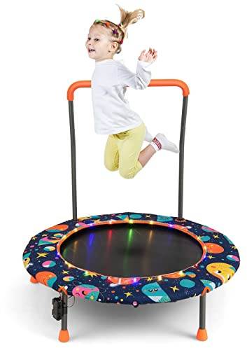FANTASK Children's Trampoline Diameter 92 cm with Removable Handle, Mini Fitness Trampoline with LED Lighting, Indoor Outdoor Garden Trampoline for Children from 3-6 Years (Dark Blue)