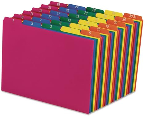 Pendaflex 40143 Top Tab File Guides, Daily/1-31, 1/5 Tab, Polypropylene, Letter (Set of 31), Blue, Green, Magenta, Strawberry, Yellow